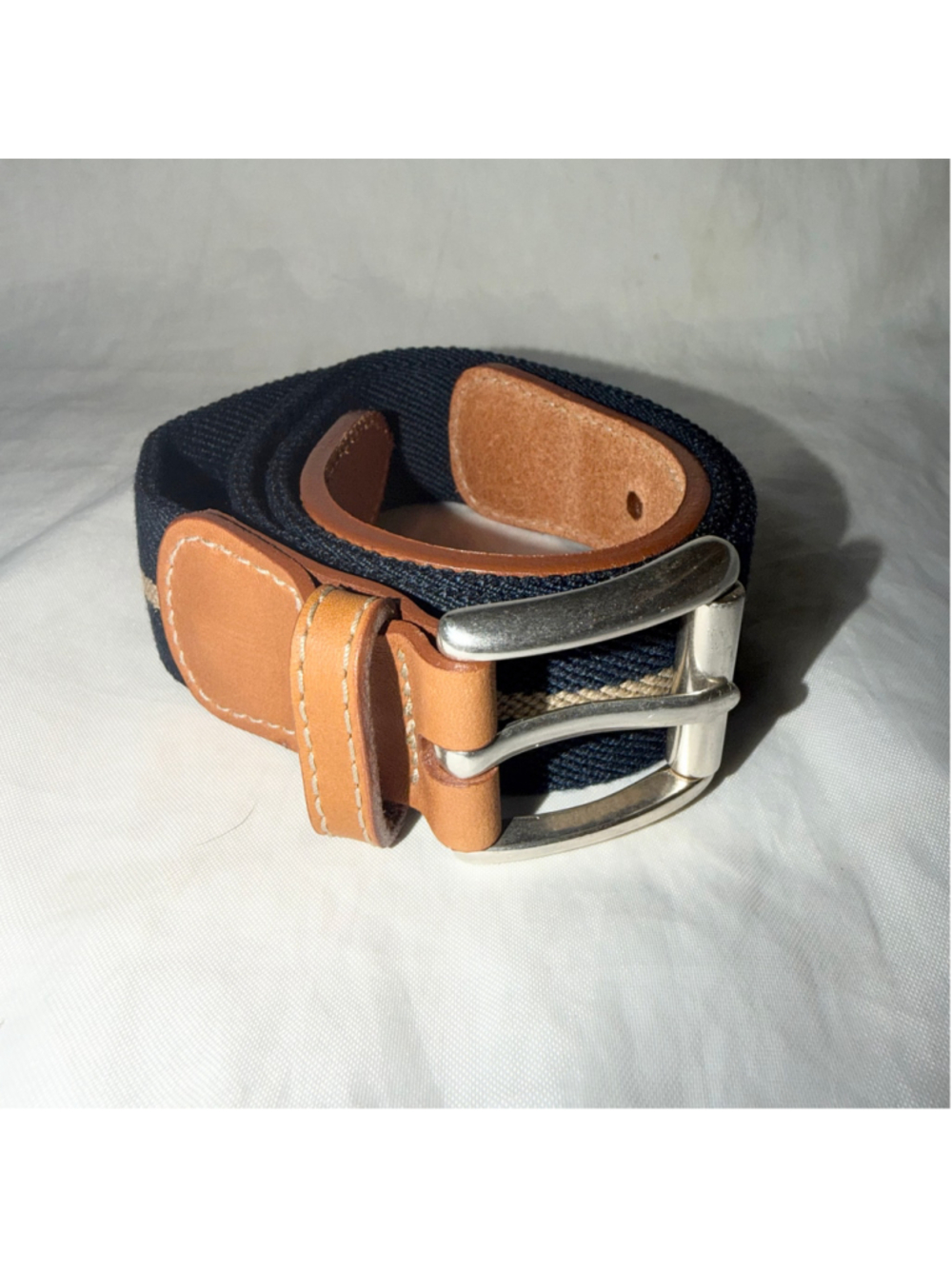 NWOT Men's 32/34 LL Bean Leather Canvas Belt Navy Blue/Tan Silver Buckle
